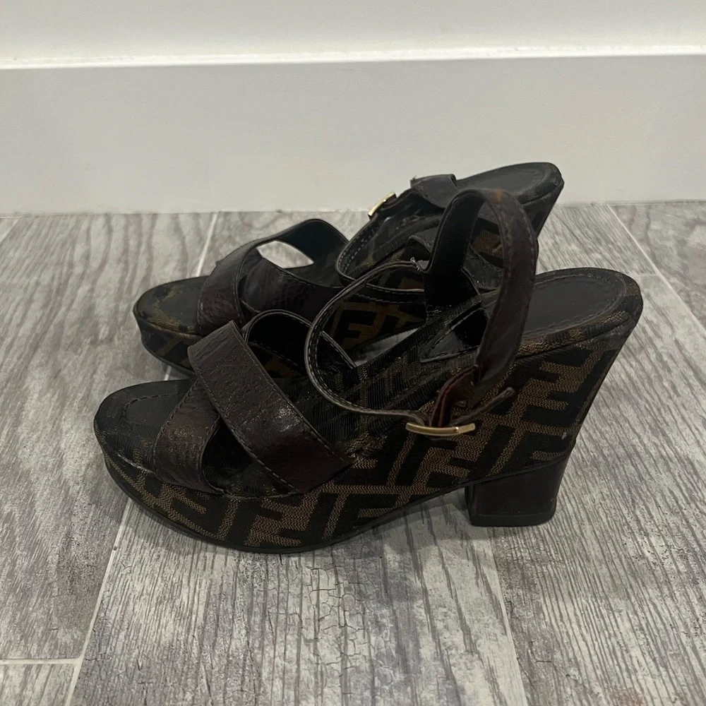 Fendi Dark Brown Monogram Wedge Sandals